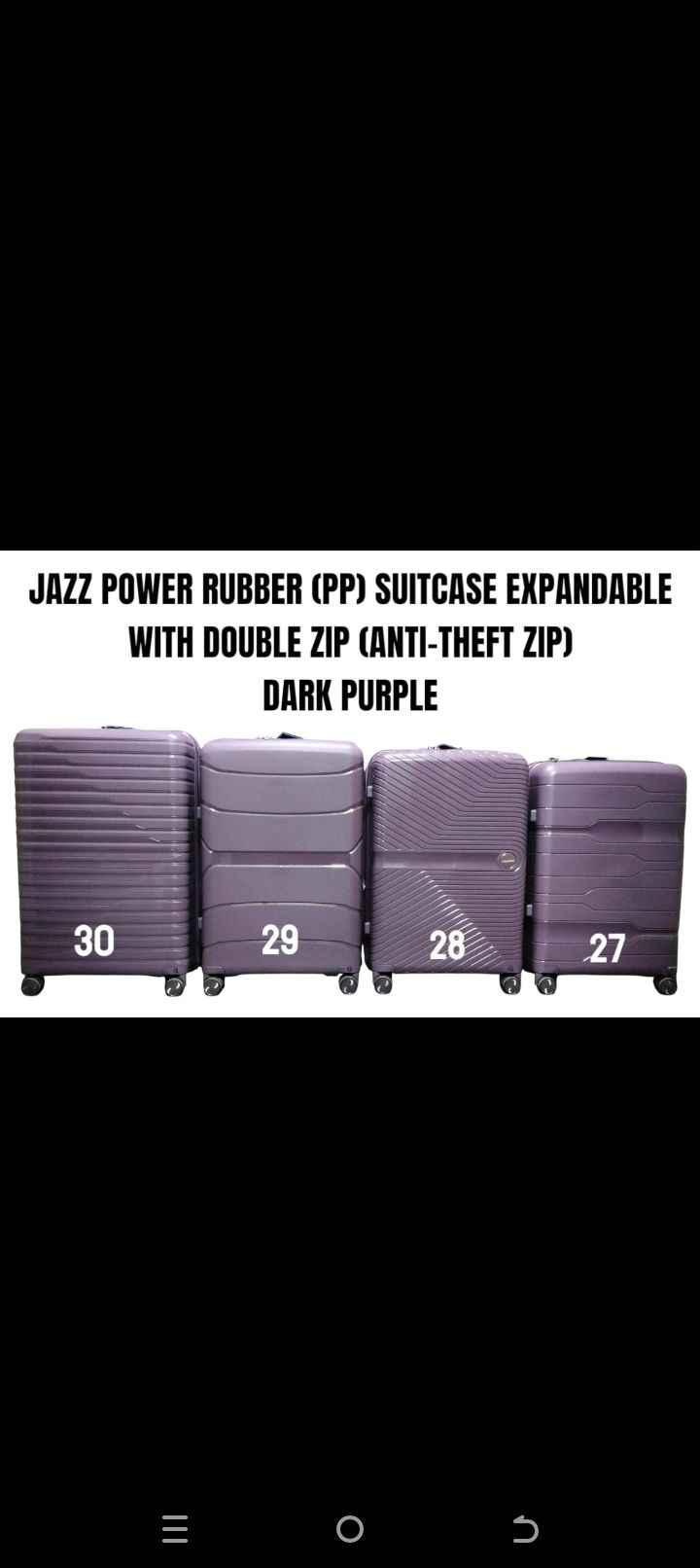 SPECIAL OFFER* SIZE 30

3 in 1 JAZZ POWER SUITCASE WITH DOUBLE ZIP ( ANTI-THEFT ZIPPER)

*JAZZ POWER ( RUBBER ) FIBER SUITCASE WITH DOUBLE ZIP ( ANTI THEFT ZIPPER) AND WITH EXTENSION*