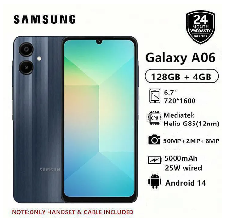 Brand New Arrival Samsung Galaxy A06 64GB+4GB 50MP Camera 6.7" 90Hz MTK Helio G85 (12nm) 5000mAh 25W Type-C Charge Android 14 Smart Phones Side Fingerprint Unlock