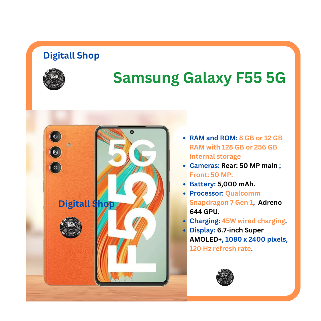 Brand New Samsung Galaxy F55 5G 8GB 256GB 6.7″ Super AMOLED+ 120Hz Display 50MP+50MP Camera Qualcomm Snapdragon 7 Gen 1 5000mAh Battery 45W Fast Charging Under Display Fingerprint unlock Smart Phones