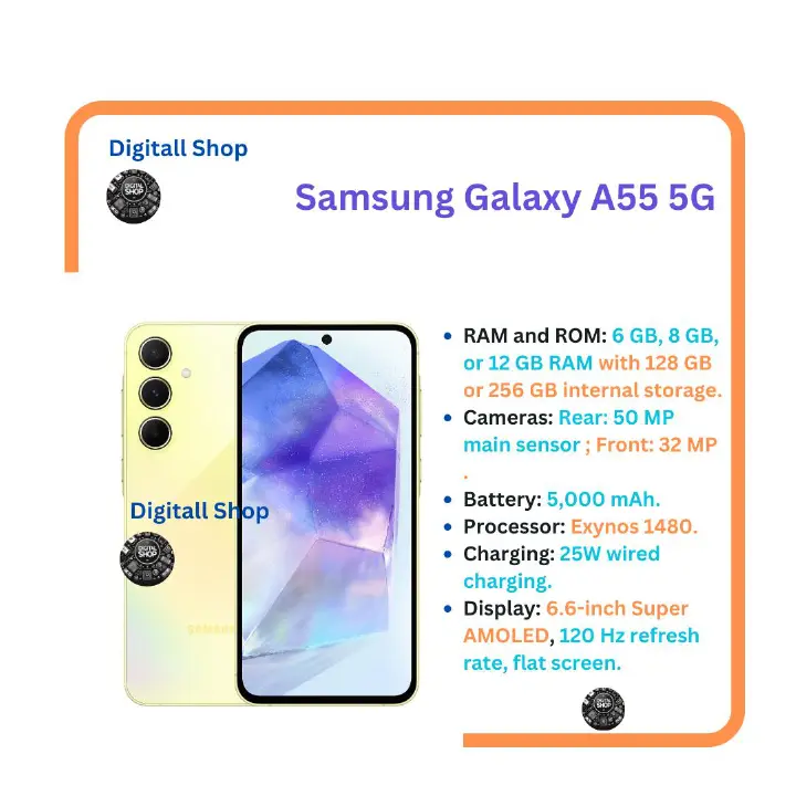 New Arrival Samsung Galaxy A55 5G 128GB+8GB 120Hz 6.6" AMOLED 50MP Triple Camera IP67 Waterproof Android 14 5000mAh 25W Type-C Smart Phones Under-Display Fingerprint Unlock