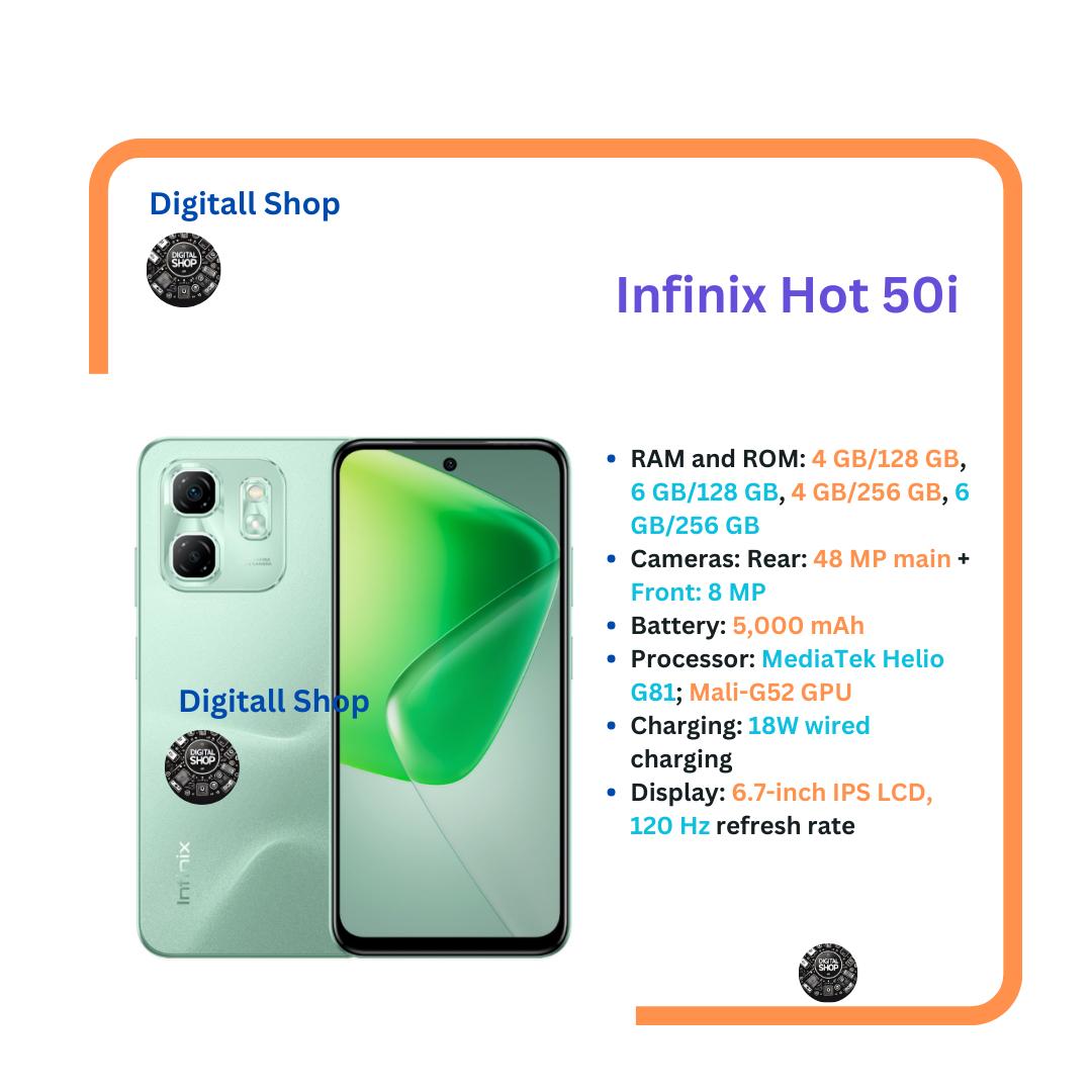 {LIMITED OFFER} New Arrival Infinix Hot 50i 4G, Screen 6.78-inch 120Hz,12 GB(6+6)RAM+128GB ROM' Battery: 5000mAh, 18W Wired, Dual SIM (Nano-SIM, dual stand-by), Ultra Sleek 48 MP Camera Smart Phones