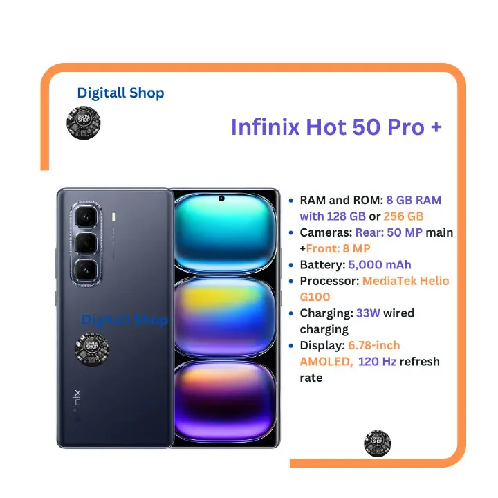 Black Friday Offer Infinix Hot 50 Pro Plus + Curved AMOLED 256GB+8GB RAM Upto 16GB RAM 6.78" Dual SIM 50MP Camera IP54 dust and splash resistant Fingerprint under display 5000mAh Smart Phones