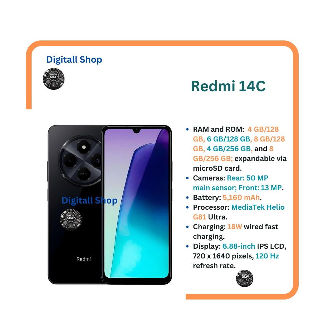 [New Arrivals] Xiaomi Redmi 14C 8GB RAM + 256GB Storage 4G Network Dual SIM 6.88 inch 120Hz LCD Screen 50MP Camera 18W Tpye-C Charging 5160mAh Battery Fingerprint&Face Smart Phones