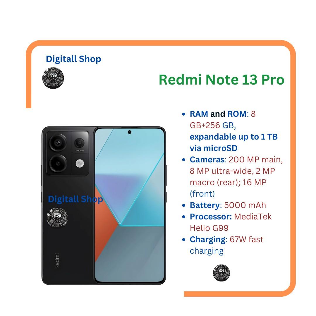 Redmi note 13pro Amoled Display 120hz refresh rate Battery 5000mah 67W Fast charger Camera 200mp android 13 Dual sim fingerprint In display 4k video