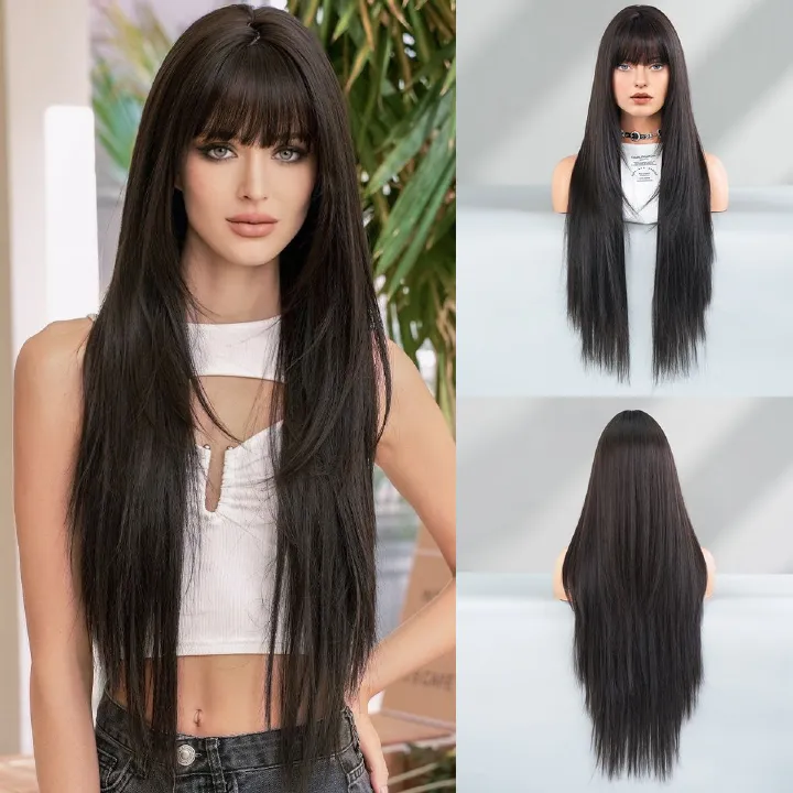 High-Quality Synthetic Long Straight Wig with Bangs – Black Full Head Cap for Women