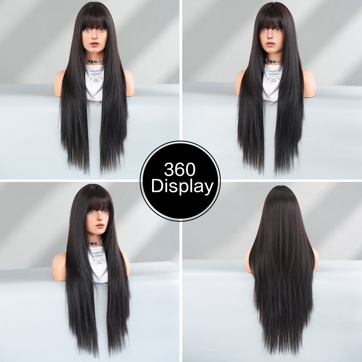 High-Quality Synthetic Long Straight Wig with Bangs – Black Full Head Cap for Women
