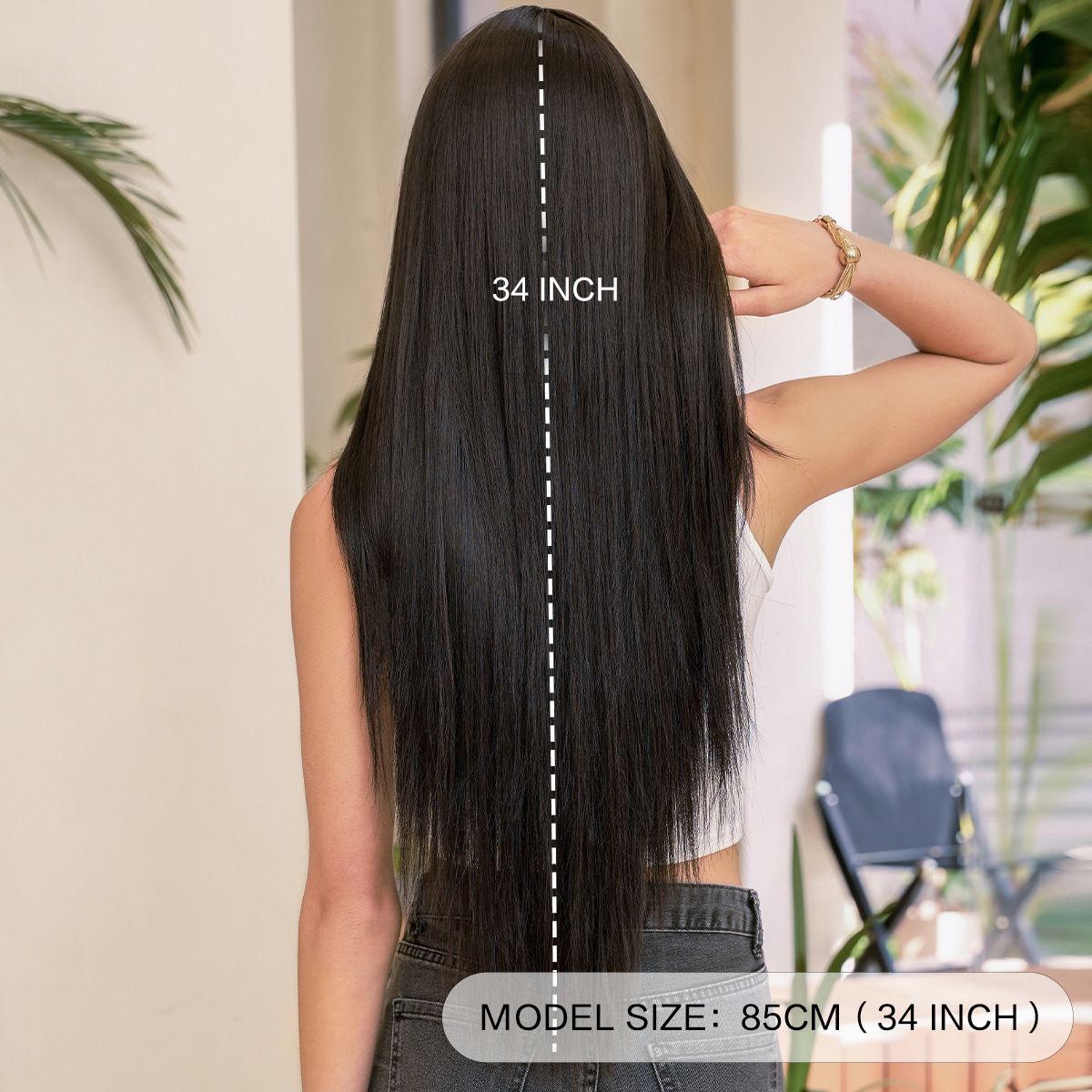 High-Quality Synthetic Long Straight Wig with Bangs – Black Full Head Cap for Women