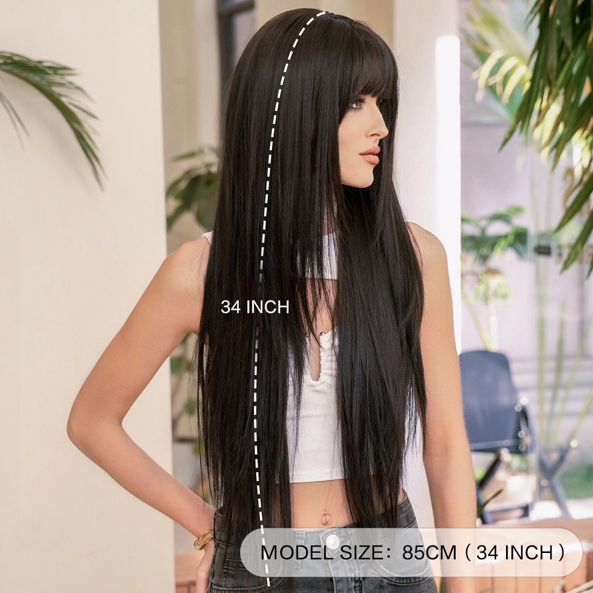 High-Quality Synthetic Long Straight Wig with Bangs – Black Full Head Cap for Women