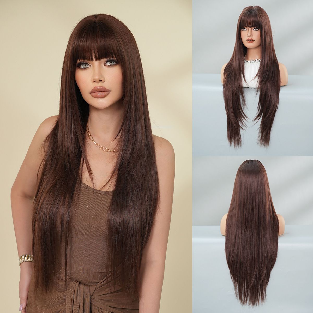 High-Quality Synthetic Long Straight Wig with Bangs – Black Full Head Cap for Women