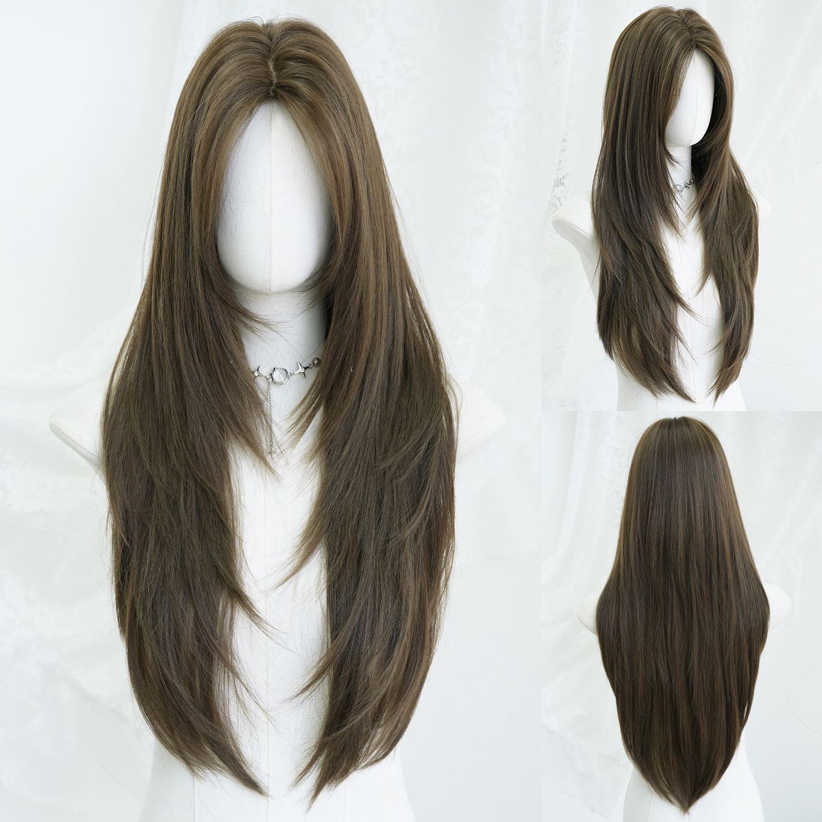 High-Quality Synthetic Long Straight Wig with Bangs – Black Full Head Cap for Women