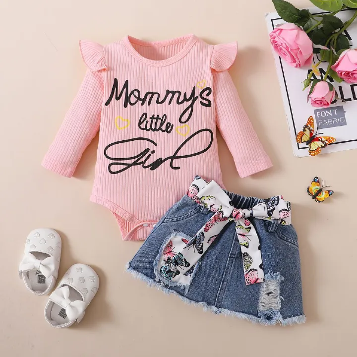 Spring Autumn Baby Girl Outfit – Long Sleeve Ruffle Romper + Denim Skirt with Belt, Cute Toddler Clothing Set