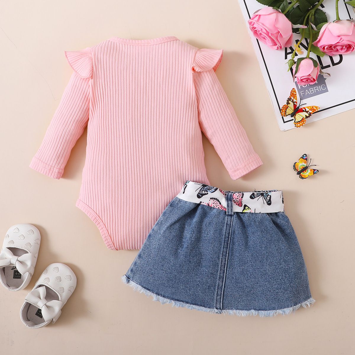 Spring Autumn Baby Girl Outfit – Long Sleeve Ruffle Romper + Denim Skirt with Belt, Cute Toddler Clothing Set