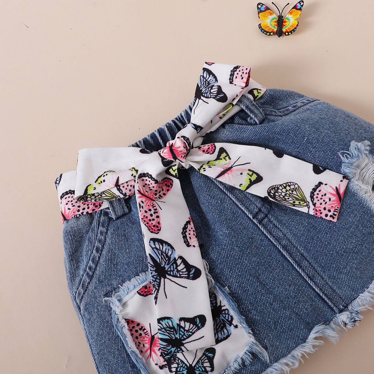 Spring Autumn Baby Girl Outfit – Long Sleeve Ruffle Romper + Denim Skirt with Belt, Cute Toddler Clothing Set