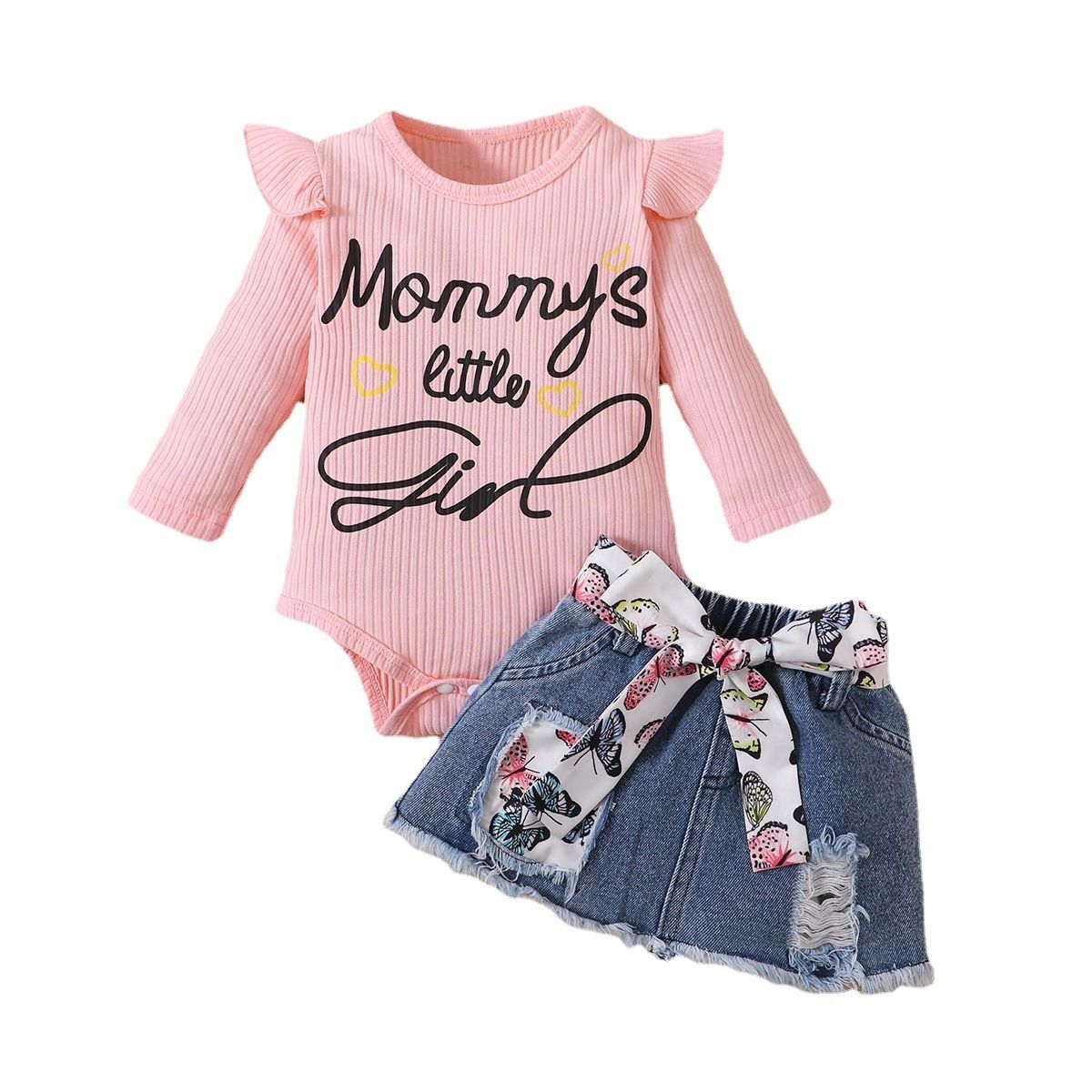 Spring Autumn Baby Girl Outfit – Long Sleeve Ruffle Romper + Denim Skirt with Belt, Cute Toddler Clothing Set