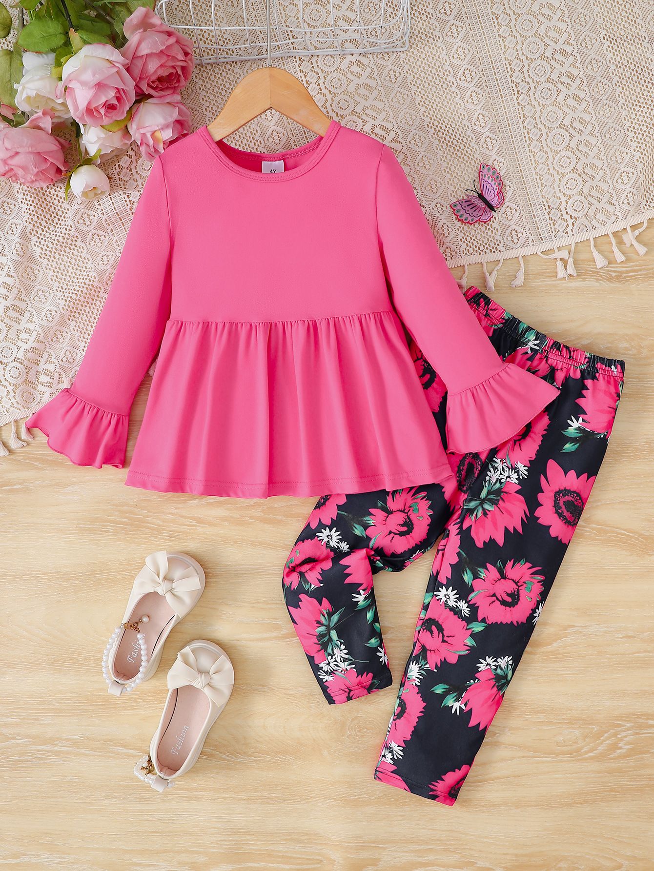 Spring & Autumn Baby Girl Outfit Set – Bell Sleeve Pullover Top with Rose Print Pants, Soft Cotton Long Sleeve Set for Toddlers, Casual Chic Baby Clothes