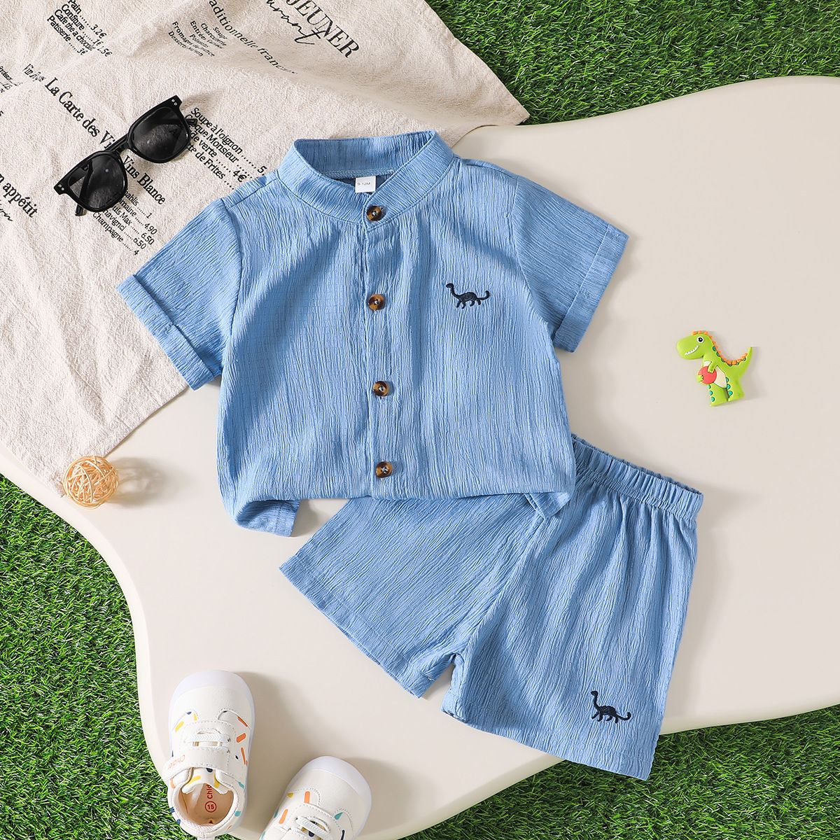 Cute Baby Boy Summer Outfit Set – Dinosaur Embroidered Short Sleeve Shirt + Shorts, Breathable Cotton 2-Piece Set for Kids