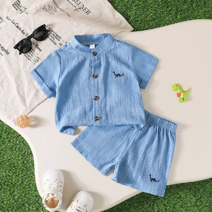 Cute Baby Boy Summer Outfit Set – Dinosaur Embroidered Short Sleeve Shirt + Shorts, Breathable Cotton 2-Piece Set for Kids