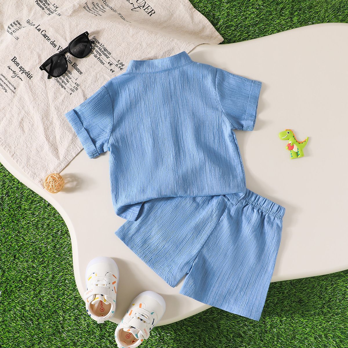 Cute Baby Boy Summer Outfit Set – Dinosaur Embroidered Short Sleeve Shirt + Shorts, Breathable Cotton 2-Piece Set for Kids