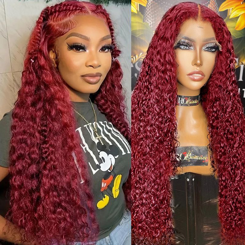 Wine Red Lace Front Long Curly Wig – Fashion Afro Kinky Curly Synthetic Hair for Women, Natural Look, Heat-Resistant, Full Head Wigs