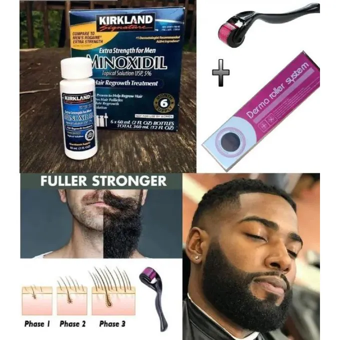 Kirkland Minoxidil 5% Hair Regrowth + Free Derma Roller Treatment – Beard & Hair Growth Solution (1 Month Supply) + Dermaroller