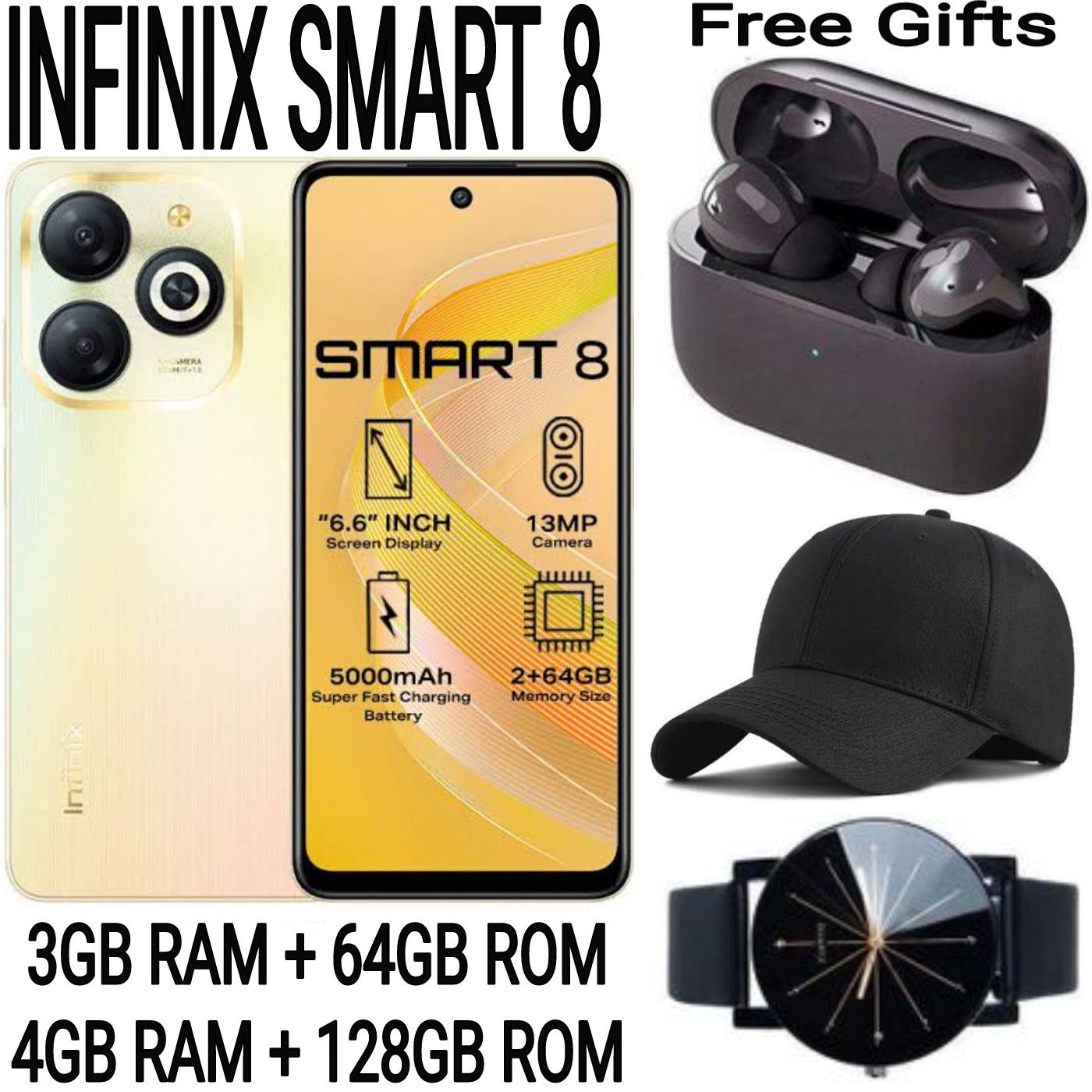 [SUPER DEALS] INFINIX SMART 8 128GB + 4GB RAM 6.6" inches 5000Mah Battery Capacity with Type-C Charging 13MP Dual AI Camera Fingerprint Lock Smart Phones phone + FREE AMAZING QUALITY GIFTS