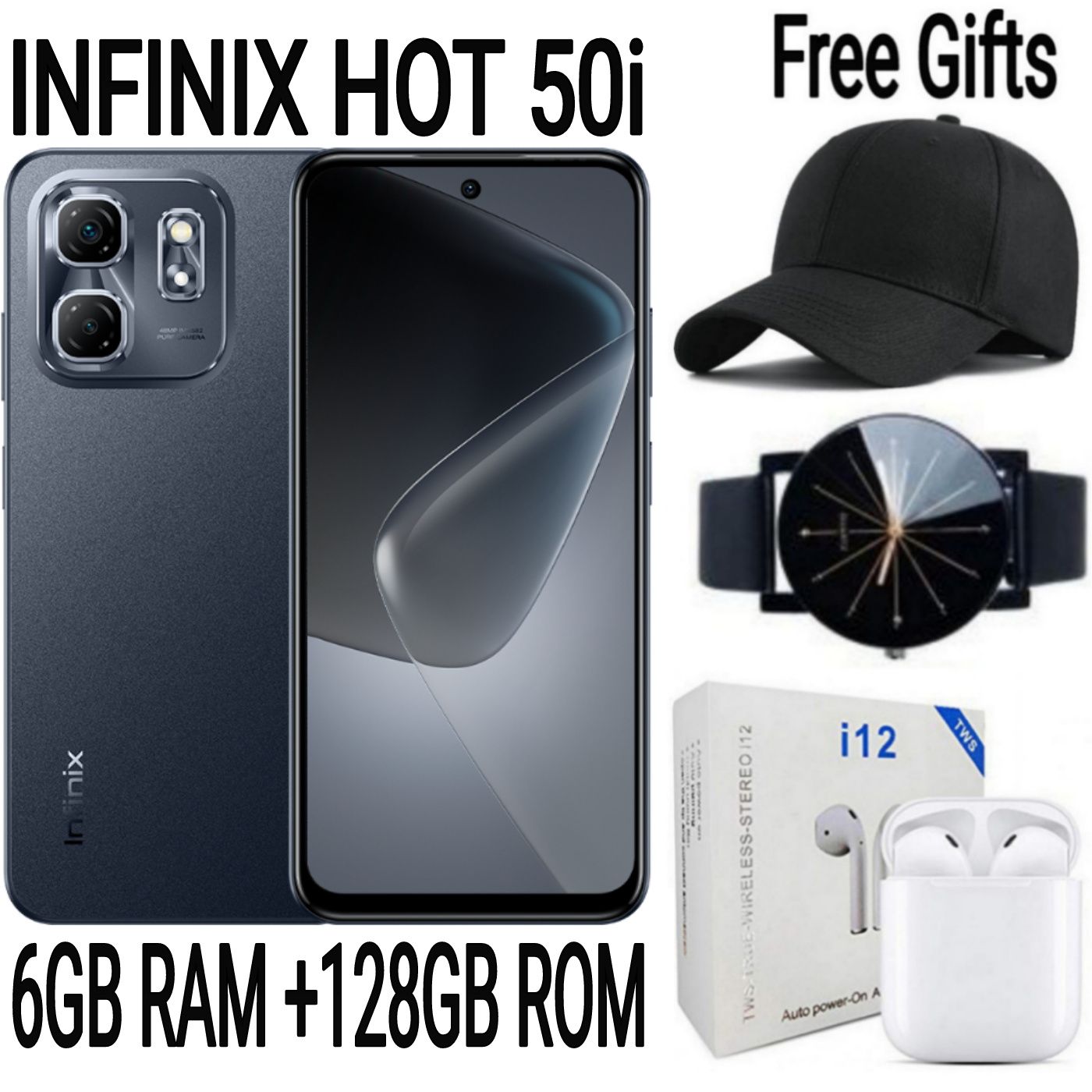 [SUPER DEALS] INFINIX Hot 50i 128GB + 12(6+6)GB 6.7" Screen Phone Dual SIM 4G Network 5000mAh Battery with 18W Type-C Charging 48MP Camera Smartphonestphone + FREE AMAZING QUALITY GIFTS