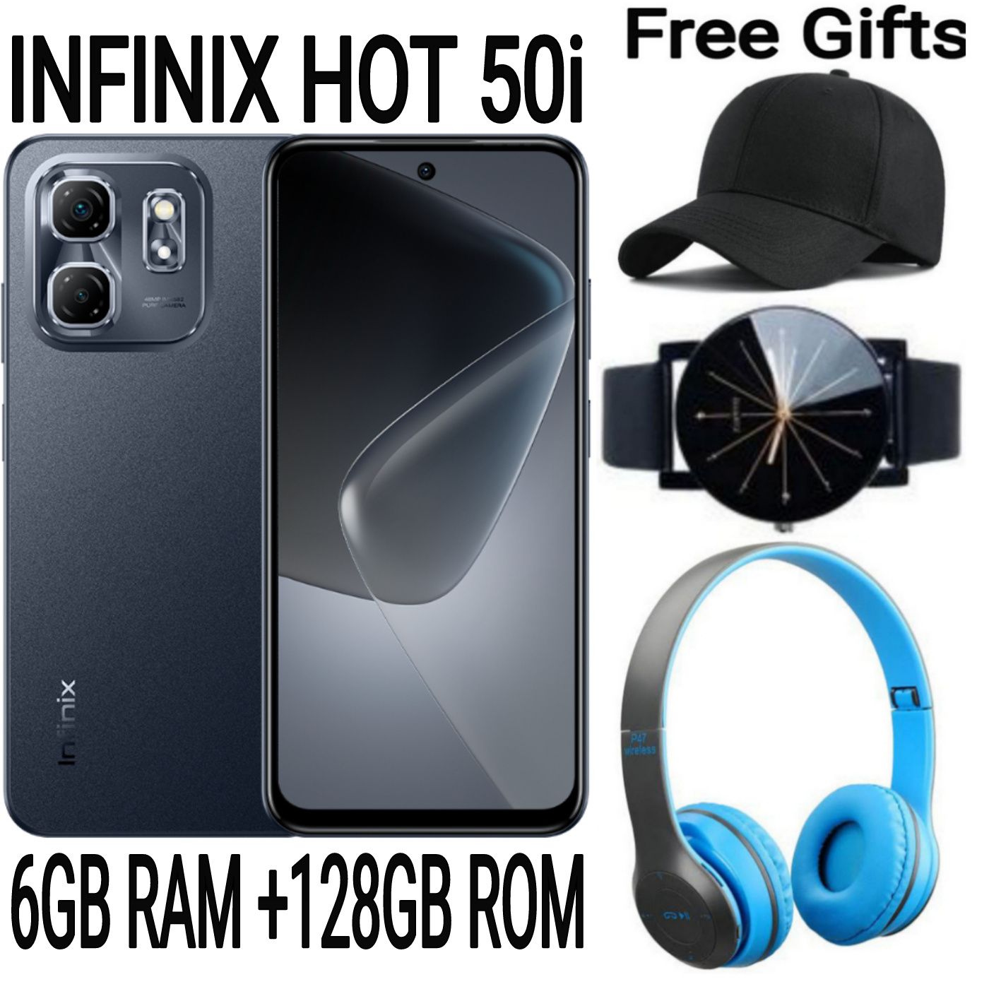 [SUPER DEALS] INFINIX Hot 50i 128GB + 12(6+6)GB 6.7" Screen Phone Dual SIM 4G Network 5000mAh Battery with 18W Type-C Charging 48MP Camera Smartphonestphone + FREE AMAZING QUALITY GIFTS