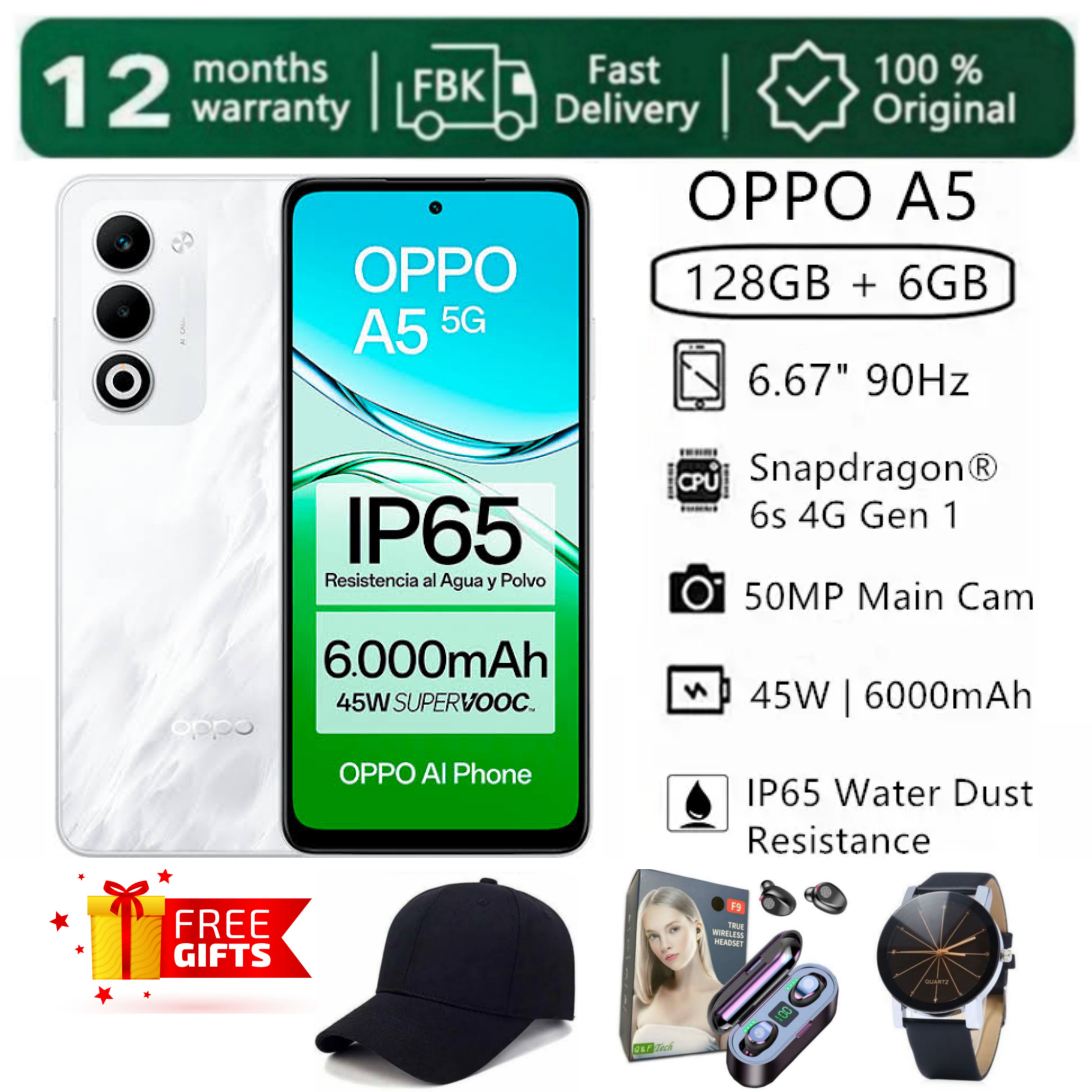 [SUPER DEALS!!!] OPPO A5 6GB RAM + 128GB ROM Storage 6.67" LCD with 120Hz Display 50MP Camera 6000mAh Battery 45W Fast Charging Android 15 MediaTek Dimensity 6300 (6 nm) + FREE GIFTS INCLUDED