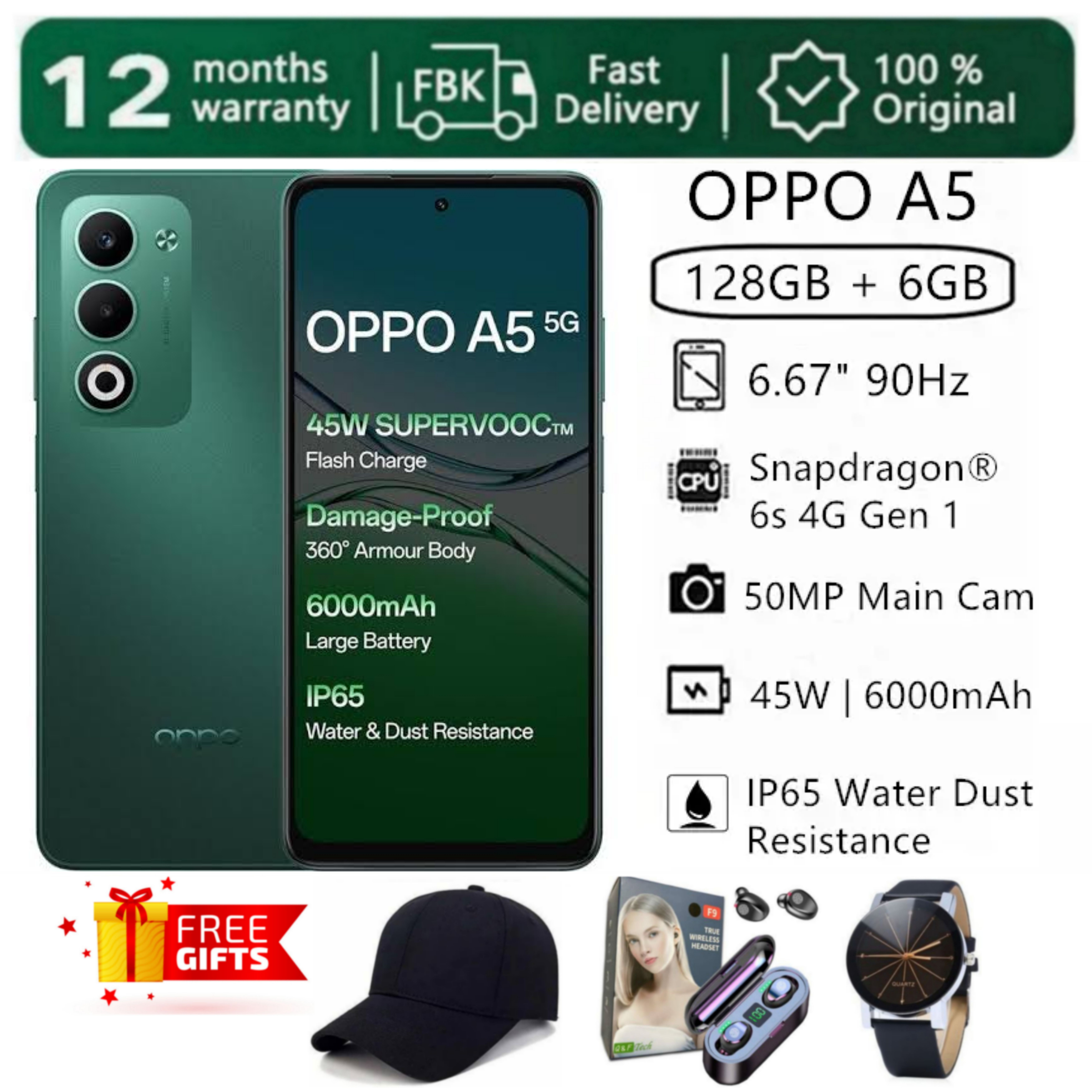 [SUPER DEALS!!!] OPPO A5 6GB RAM + 128GB ROM Storage 6.67" LCD with 120Hz Display 50MP Camera 6000mAh Battery 45W Fast Charging Android 15 MediaTek Dimensity 6300 (6 nm) + FREE GIFTS INCLUDED
