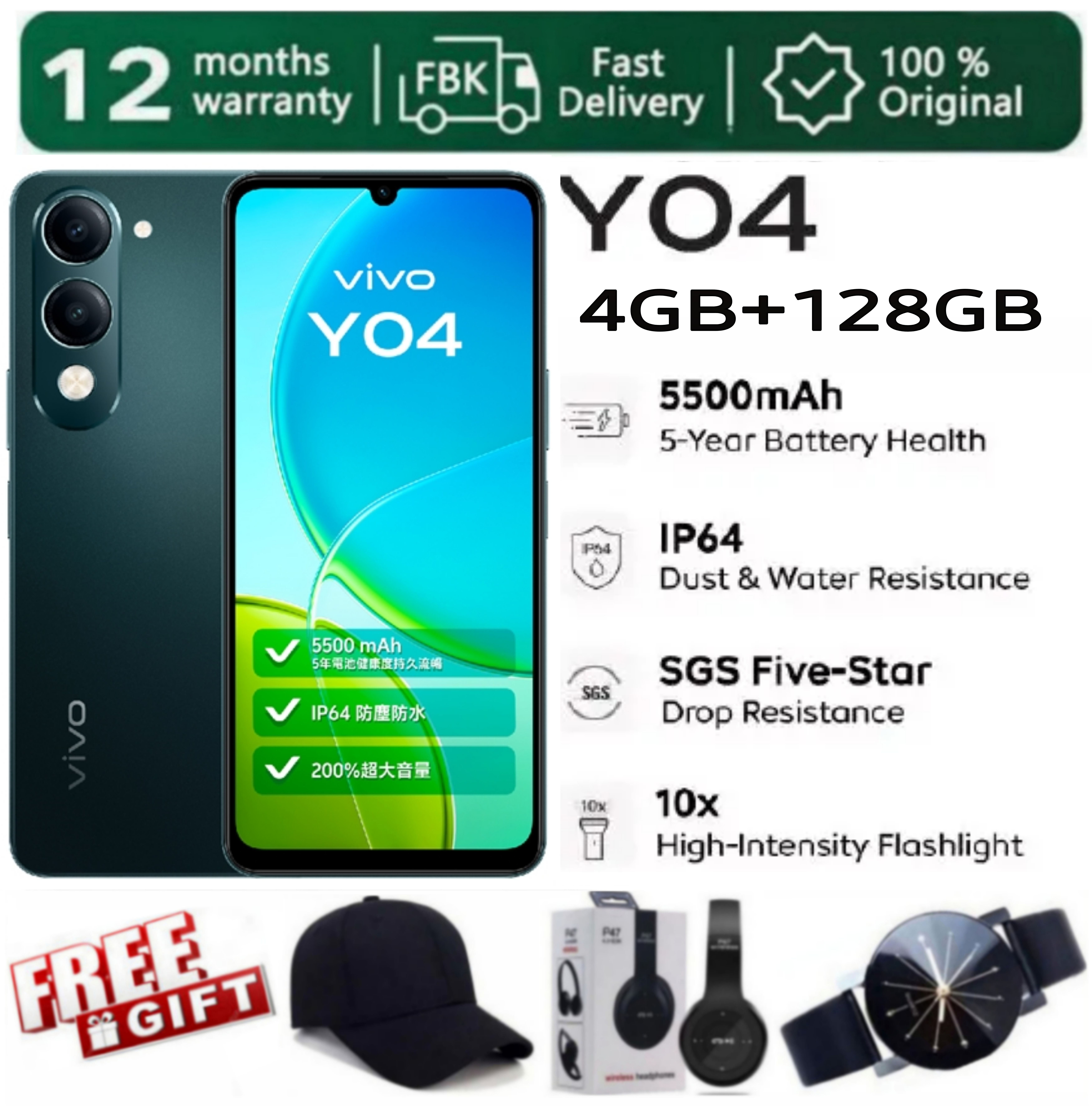 [SUPER DEALS!!!] VIVO Y04 6.74'' 4GB RAM + 128GB R0M Storage + 5500mAh Battery capacity Dual Sim 13MP Main Camera 5MP Selfie Camera 90HZ LCD Android 14 Dust/Water-Resistant phone + FREE GIFTS