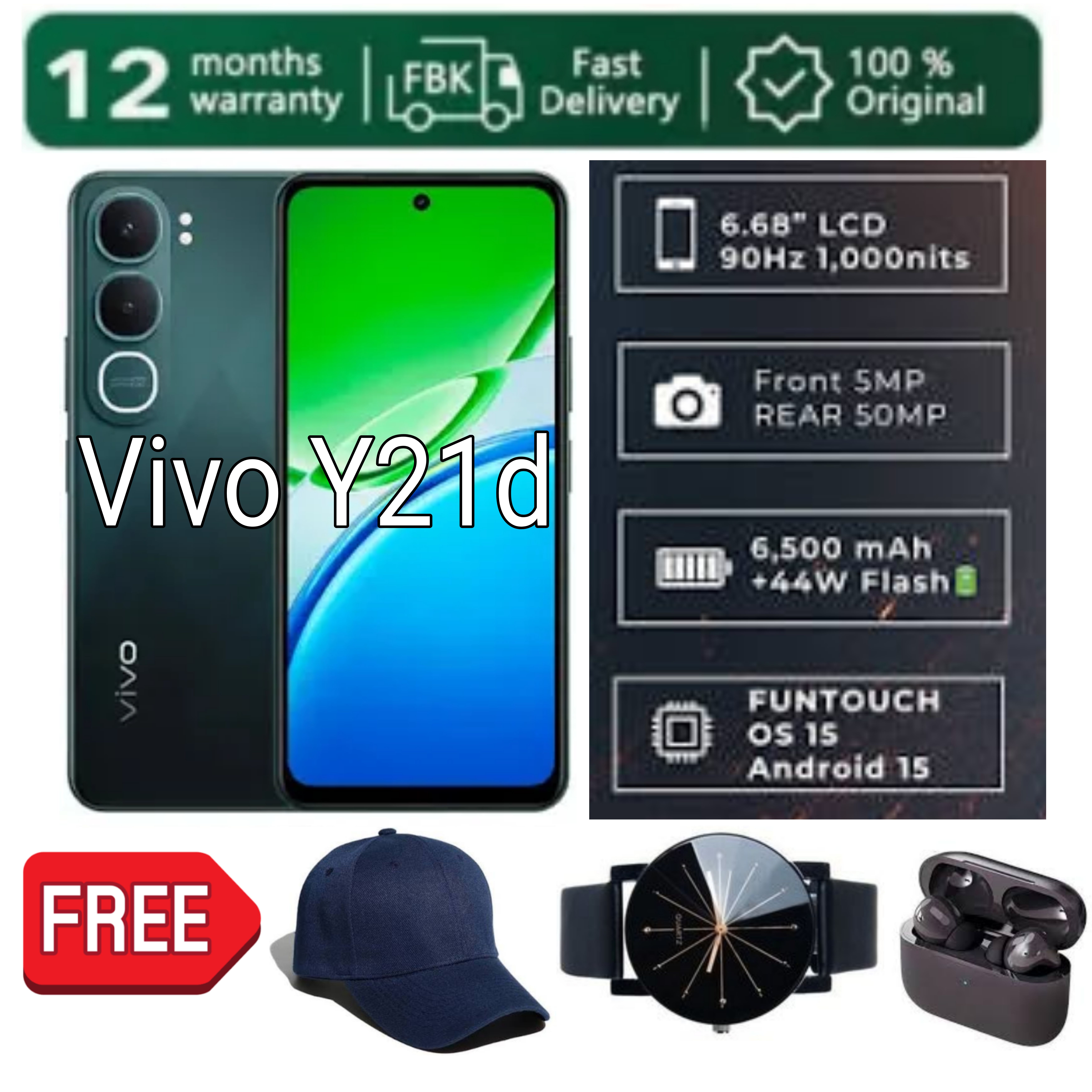 [SUPER DEALS!!!] VIVO Y21d 4GB RAM + 128GB ROM Storage 6.68’’ 90Hz IPS Display 50MP Dual Rear Camera 8MP Front 6500mAh Battery 44W Fast Fingerprint Unlock Dual Sim Android 15 + FREE GIFTS