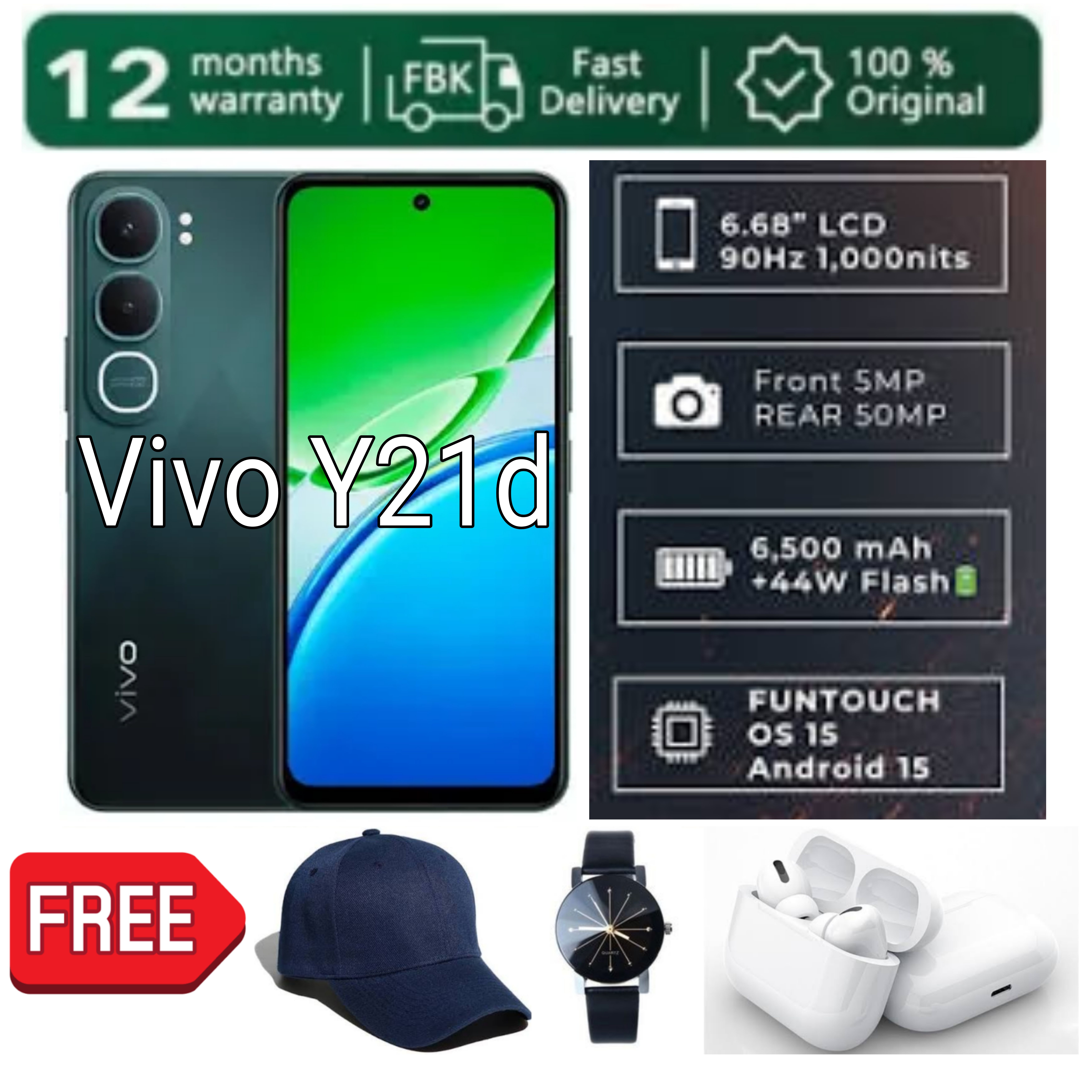 [SUPER DEALS!!!] VIVO Y21d 4GB RAM + 128GB ROM Storage 6.68’’ 90Hz IPS Display 50MP Dual Rear Camera 8MP Front 6500mAh Battery 44W Fast Fingerprint Unlock Dual Sim Android 15 + FREE GIFTS