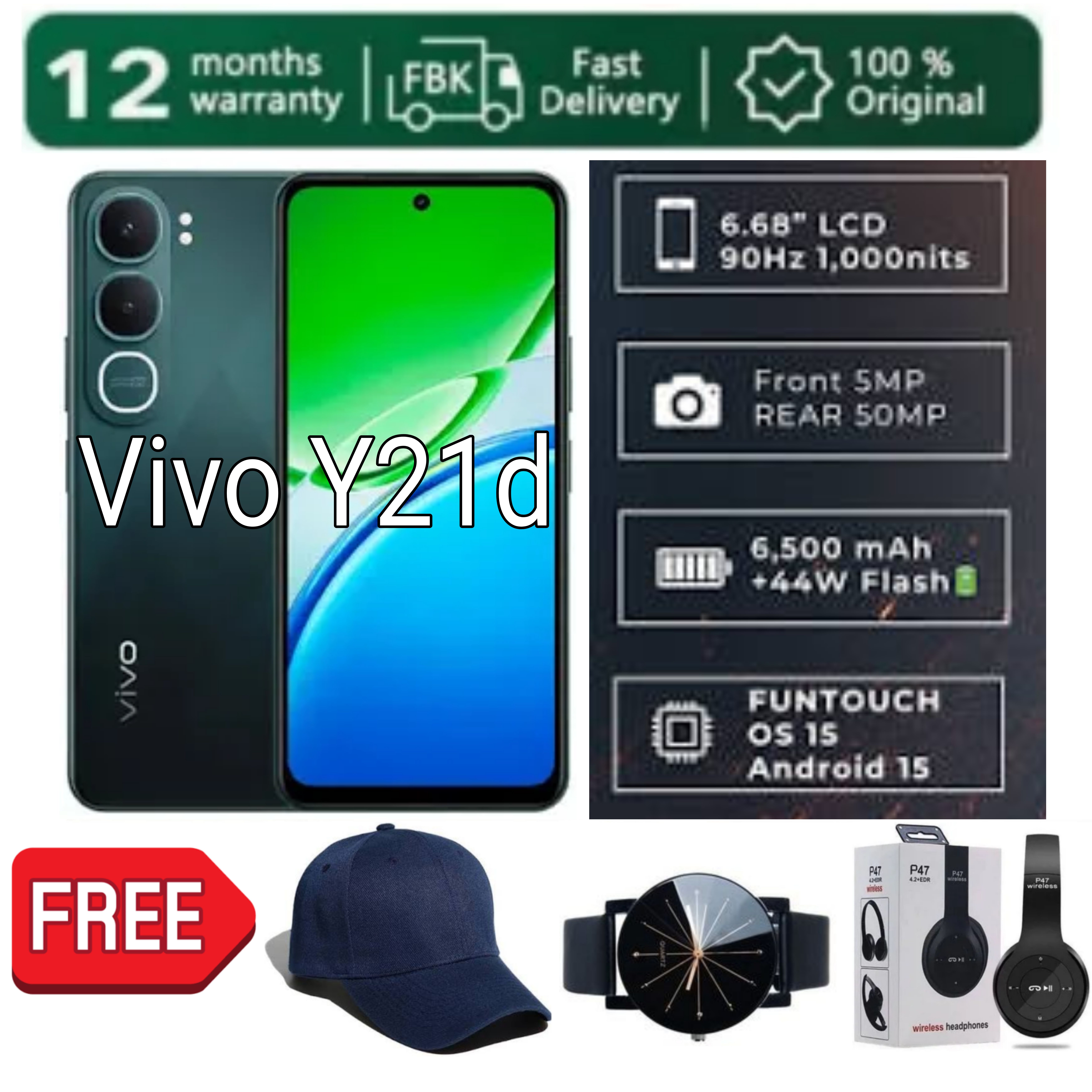 [SUPER DEALS!!!] VIVO Y21d 4GB RAM + 128GB ROM Storage 6.68’’ 90Hz IPS Display 50MP Dual Rear Camera 8MP Front 6500mAh Battery 44W Fast Fingerprint Unlock Dual Sim Android 15 + FREE GIFTS