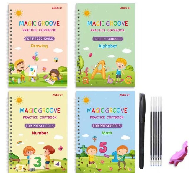 4 Pieces Magic Practice Copybooks For Kids set of 4 (Maths alphabet, numbers, drawing also comes withv1 pen, 4 pen refills and pen holder.