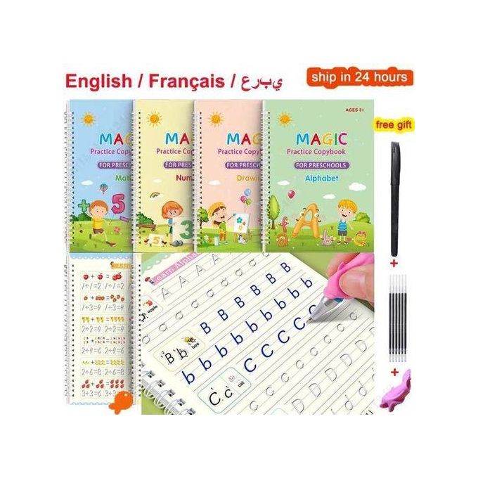 4 Pieces Magic Practice Copybooks For Kids set of 4 (Maths alphabet, numbers, drawing also comes withv1 pen, 4 pen refills and pen holder.