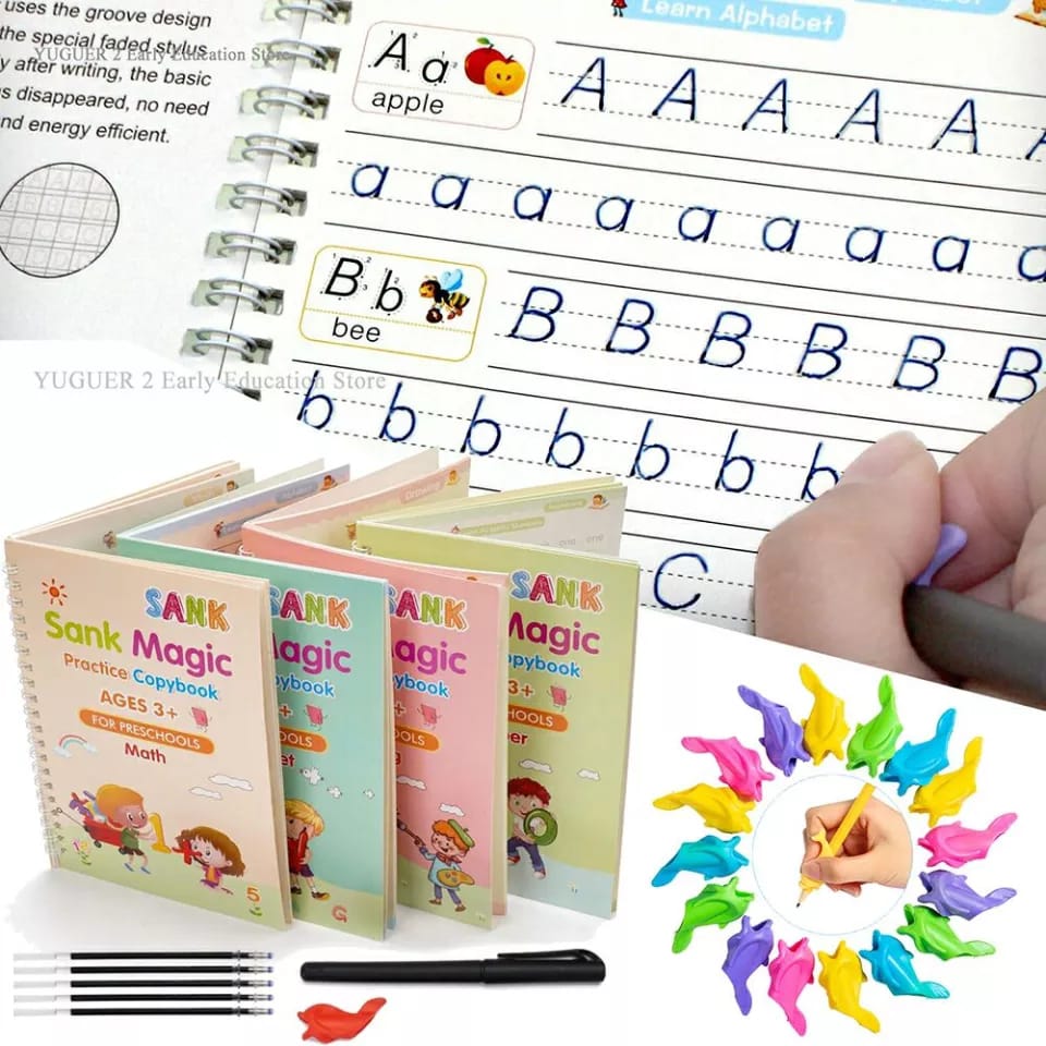 4 Pieces Magic Practice Copybooks For Kids set of 4 (Maths alphabet, numbers, drawing also comes withv1 pen, 4 pen refills and pen holder.