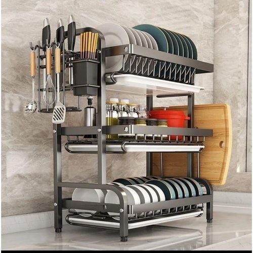 3 Tier High Quality Carbon Steel Dish Rack for Kitchen Countertop, Durable Stainless Finish Dish Drainer with Large Capacity, Multi-Level Plate Bowl Cup Organizer and Utensil Holder