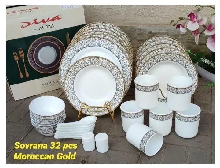 32 pcs Sovrana Dinner set Dinning Plates, Cups, Bowls, Soup Spoons, Salt and Pepper Dinnerware Set