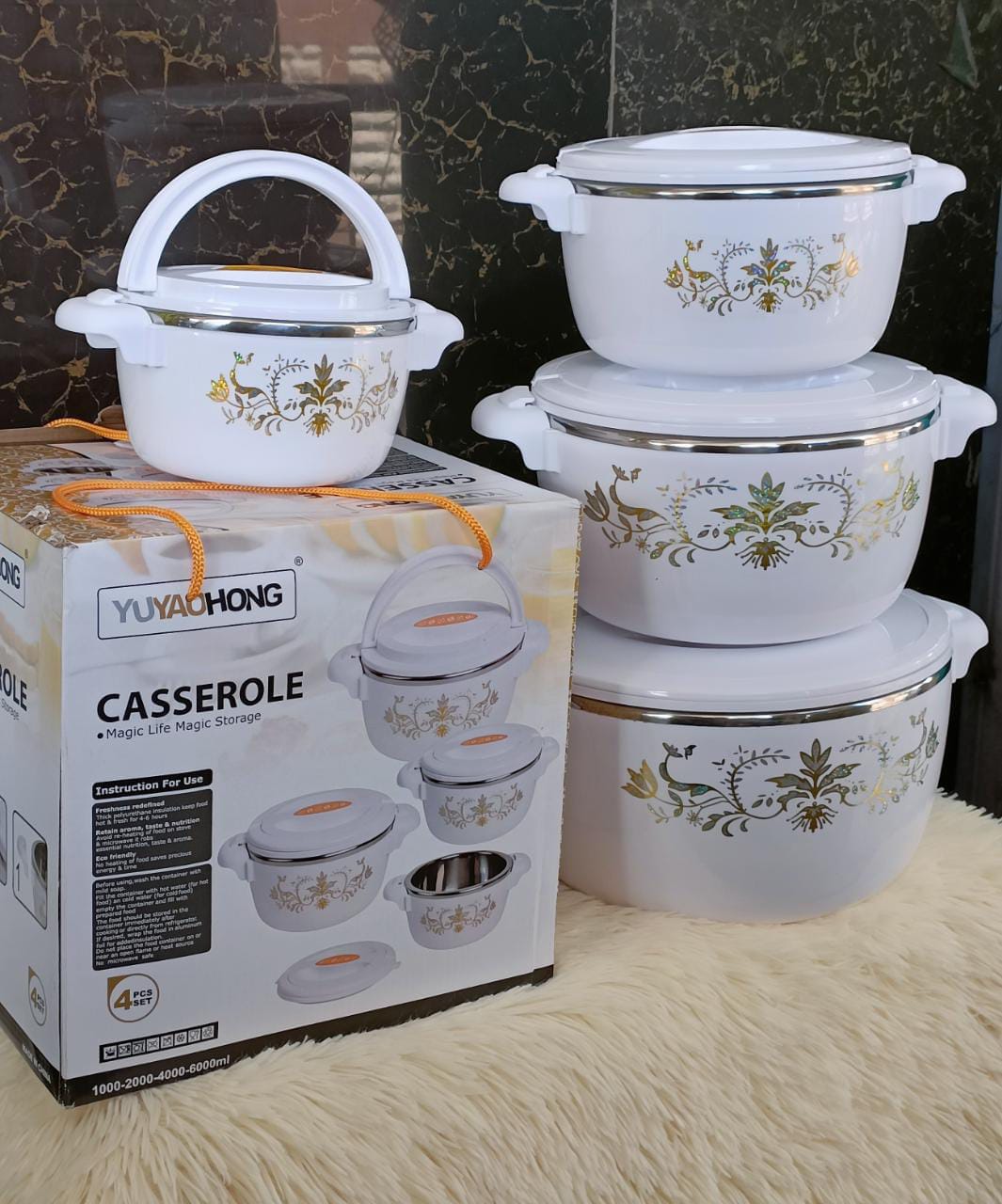 NEW Casserole Stainless Steel Hotpot Set-4 Pcs. Keep your food hot and fresh for upto 6 Hours with this elegant, stylish 4 Piece Food Warmer Server Hot Pot. insulated with tough, oduorles Material