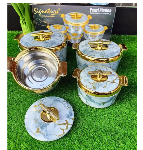 NEW Casserole Stainless Steel Hotpot Set-4 Pcs. Keep your food hot and fresh for upto 6 Hours with this elegant, stylish 4 Piece Food Warmer Server Hot Pot. insulated with tough, oduorles Material