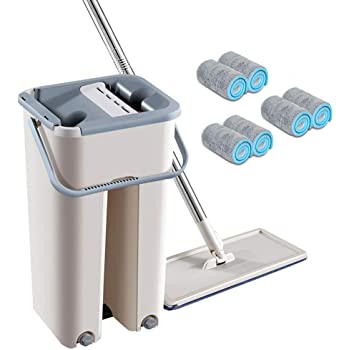 SMART MOP AND BUCKET WITH WRINGER SET FOR HOME, FLAT MOP AND BUCKET SYSTEM, MOPS FOR FLOOR CLEANING AND WALL CLEANER, WITH 2  REUSABLE MICROFIBER MOP PADS
