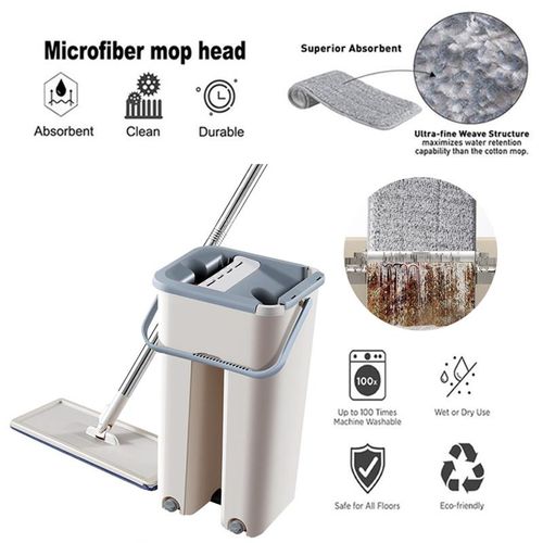 SMART MOP AND BUCKET WITH WRINGER SET FOR HOME, FLAT MOP AND BUCKET SYSTEM, MOPS FOR FLOOR CLEANING AND WALL CLEANER, WITH 2  REUSABLE MICROFIBER MOP PADS