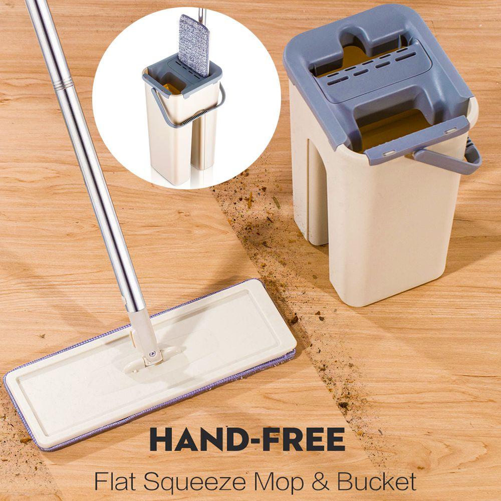 SMART MOP AND BUCKET WITH WRINGER SET FOR HOME, FLAT MOP AND BUCKET SYSTEM, MOPS FOR FLOOR CLEANING AND WALL CLEANER, WITH 2  REUSABLE MICROFIBER MOP PADS