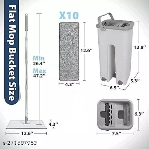 SMART MOP AND BUCKET WITH WRINGER SET FOR HOME, FLAT MOP AND BUCKET SYSTEM, MOPS FOR FLOOR CLEANING AND WALL CLEANER, WITH 2  REUSABLE MICROFIBER MOP PADS