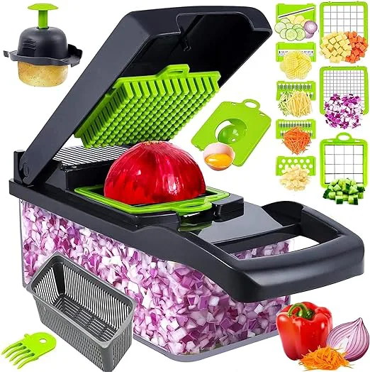 16 in 1 Multifunctional Vegetable Chopper, Carrot Chopper With Container, Onion Chopper, Food Chopper, Kitchen Vegetable Slicer Dicer Cutter, Veggie Chopper With 8 Blades,16pc veggie cutter slicer