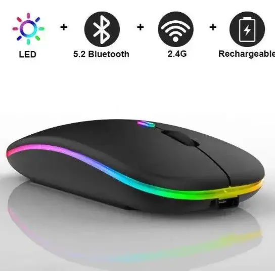 Rechargeable Bluetooth Wireless Mouse with 2.4G RGB LED lights is the perfect combination of style and convenience for all your computing needs. Comes With A USB Receiver Bluetooth mouse