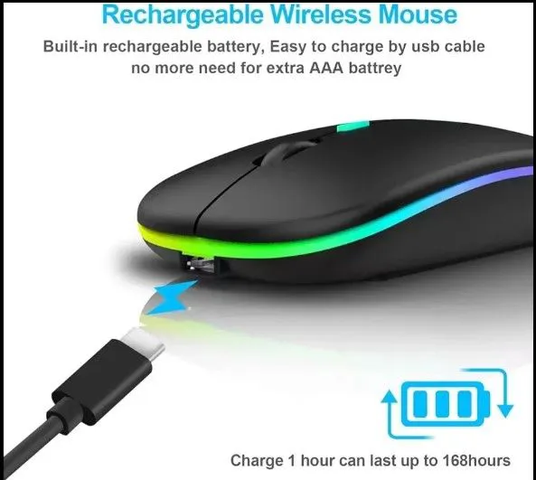 Rechargeable Bluetooth Wireless Mouse with 2.4G RGB LED lights is the perfect combination of style and convenience for all your computing needs. Comes With A USB Receiver Bluetooth mouse