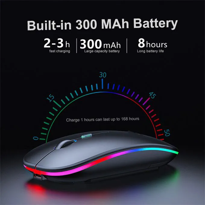 Rechargeable Bluetooth Wireless Mouse with 2.4G RGB LED lights is the perfect combination of style and convenience for all your computing needs. Comes With A USB Receiver Bluetooth mouse