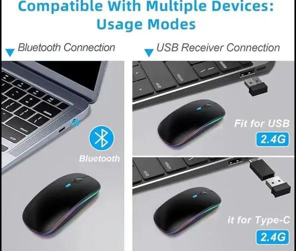 Rechargeable Bluetooth Wireless Mouse with 2.4G RGB LED lights is the perfect combination of style and convenience for all your computing needs. Comes With A USB Receiver Bluetooth mouse
