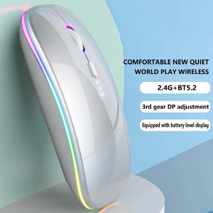 Rechargeable Bluetooth Wireless Mouse with 2.4G RGB LED lights is the perfect combination of style and convenience for all your computing needs. Comes With A USB Receiver Bluetooth mouse